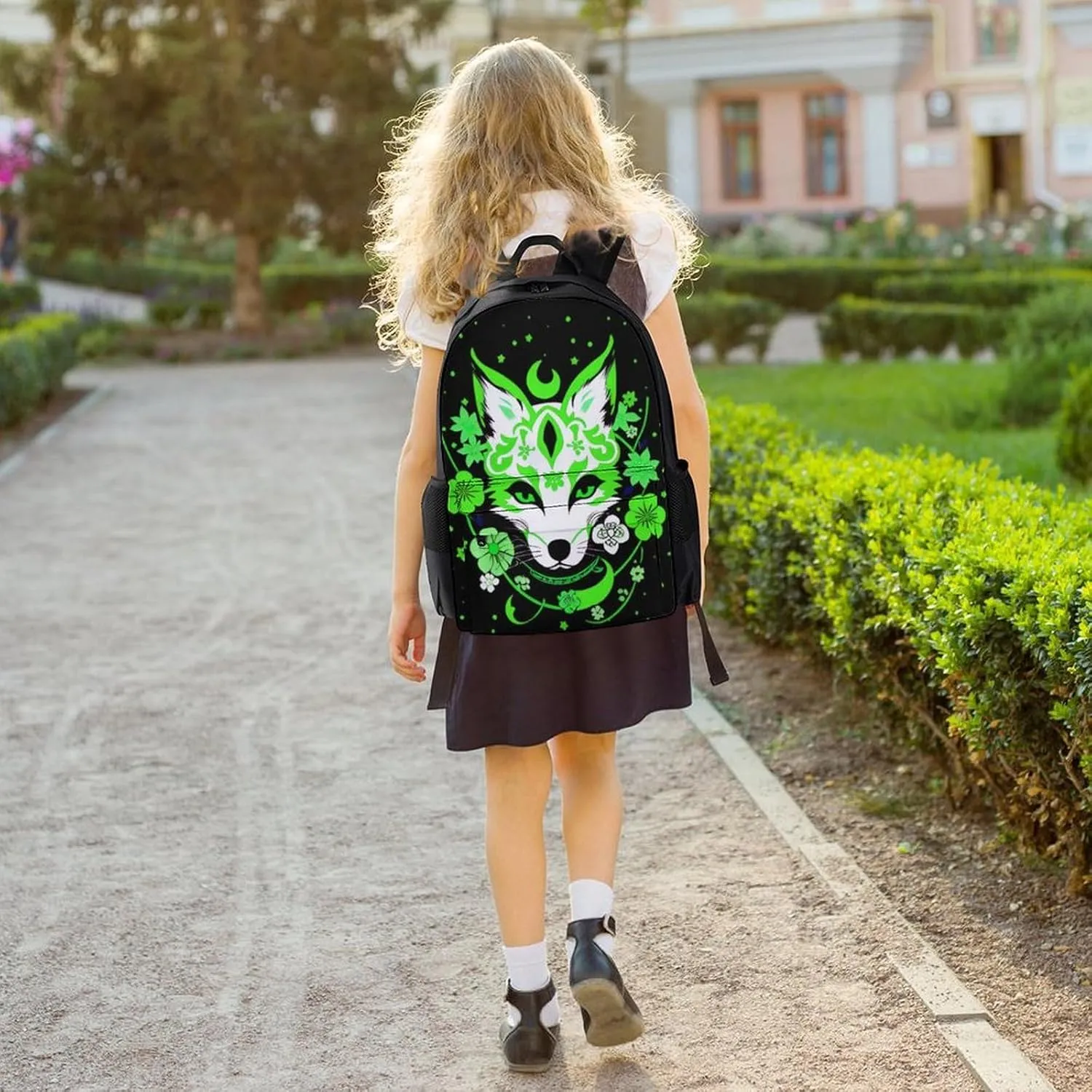Japanese Kitsune Fox Magical Flowers Art Daypack Polyester Anti-Theft Multipurpose Bookbag Big Capacity Gym Outdoor Hiking Backpack With Adjustable Shoulder Straps
