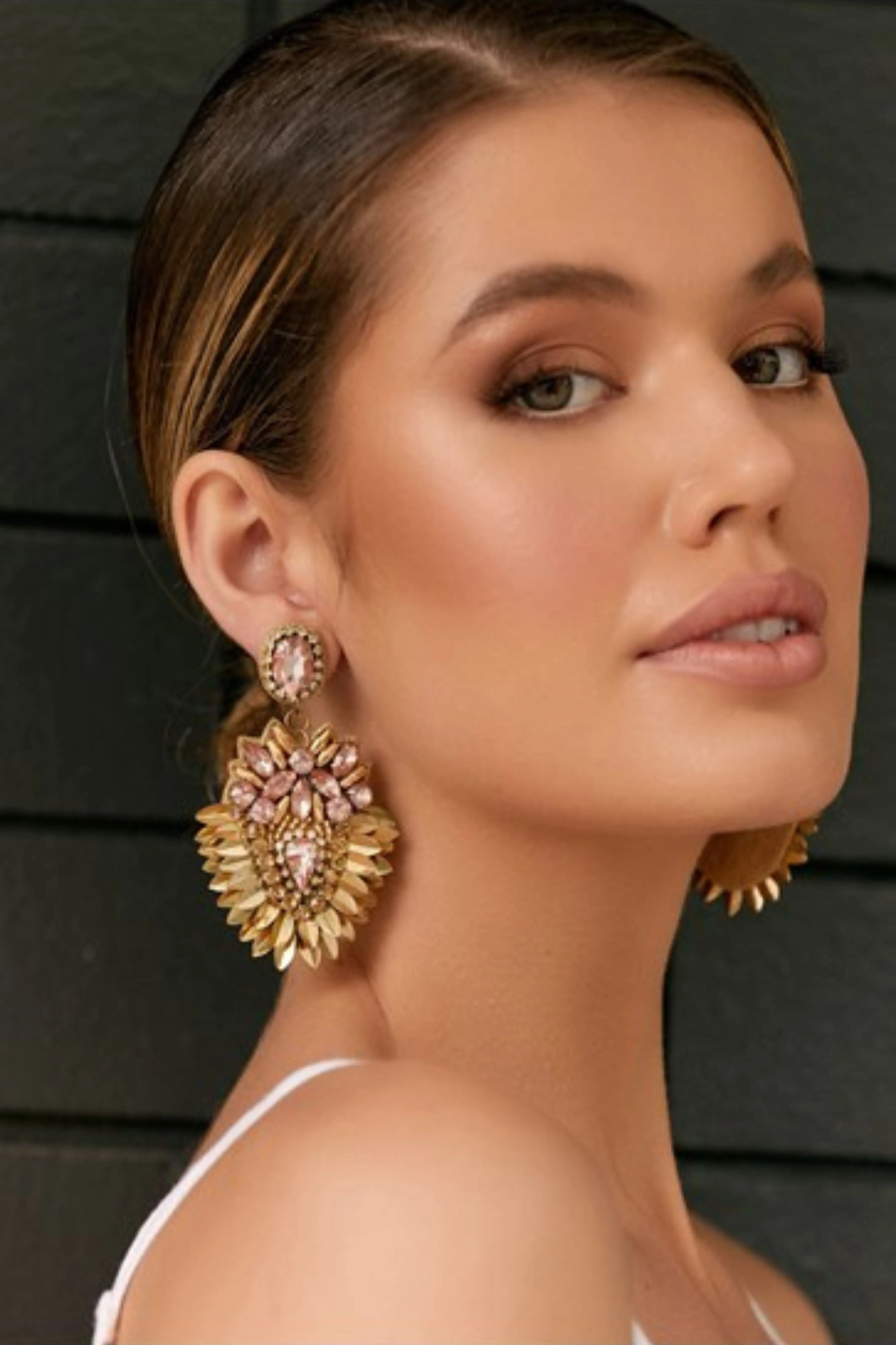 Jewelled Leaf Edge Event Earrings - Crystal Gold
