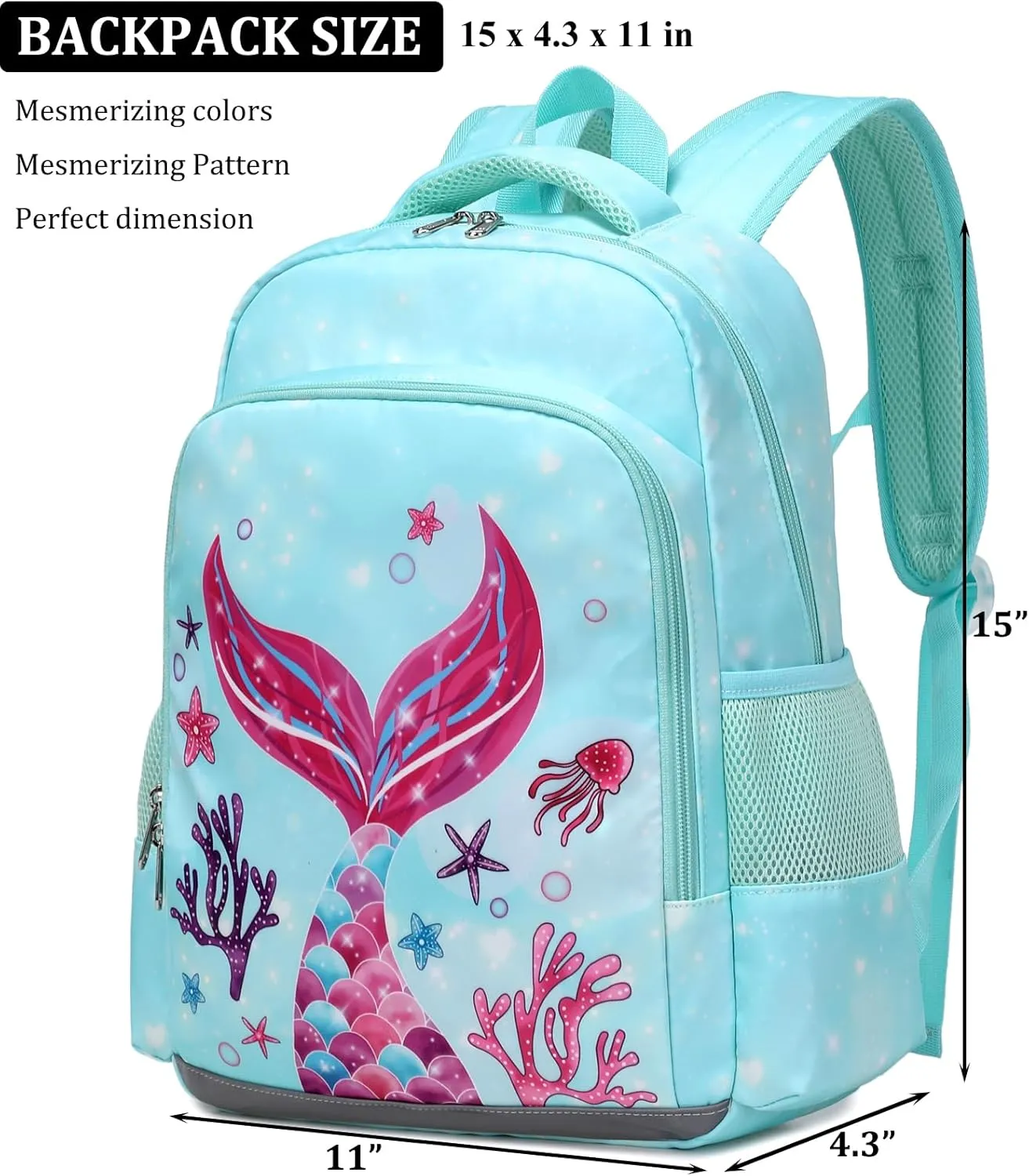 JIANYA School Backpack for Girls with Chest Strap, Preschool to Elementary, Mermaid Light Blue