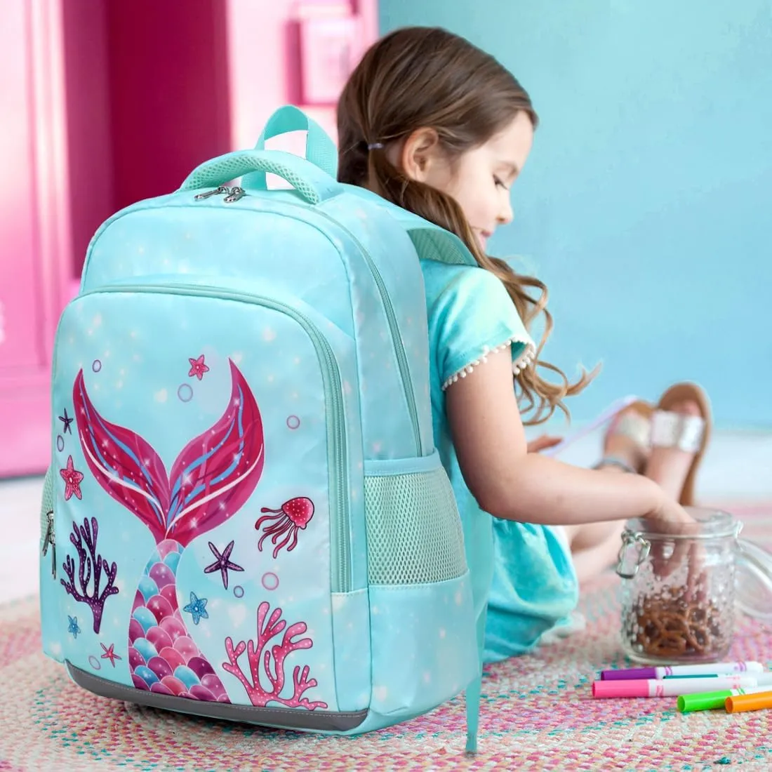 JIANYA School Backpack for Girls with Chest Strap, Preschool to Elementary, Mermaid Light Blue