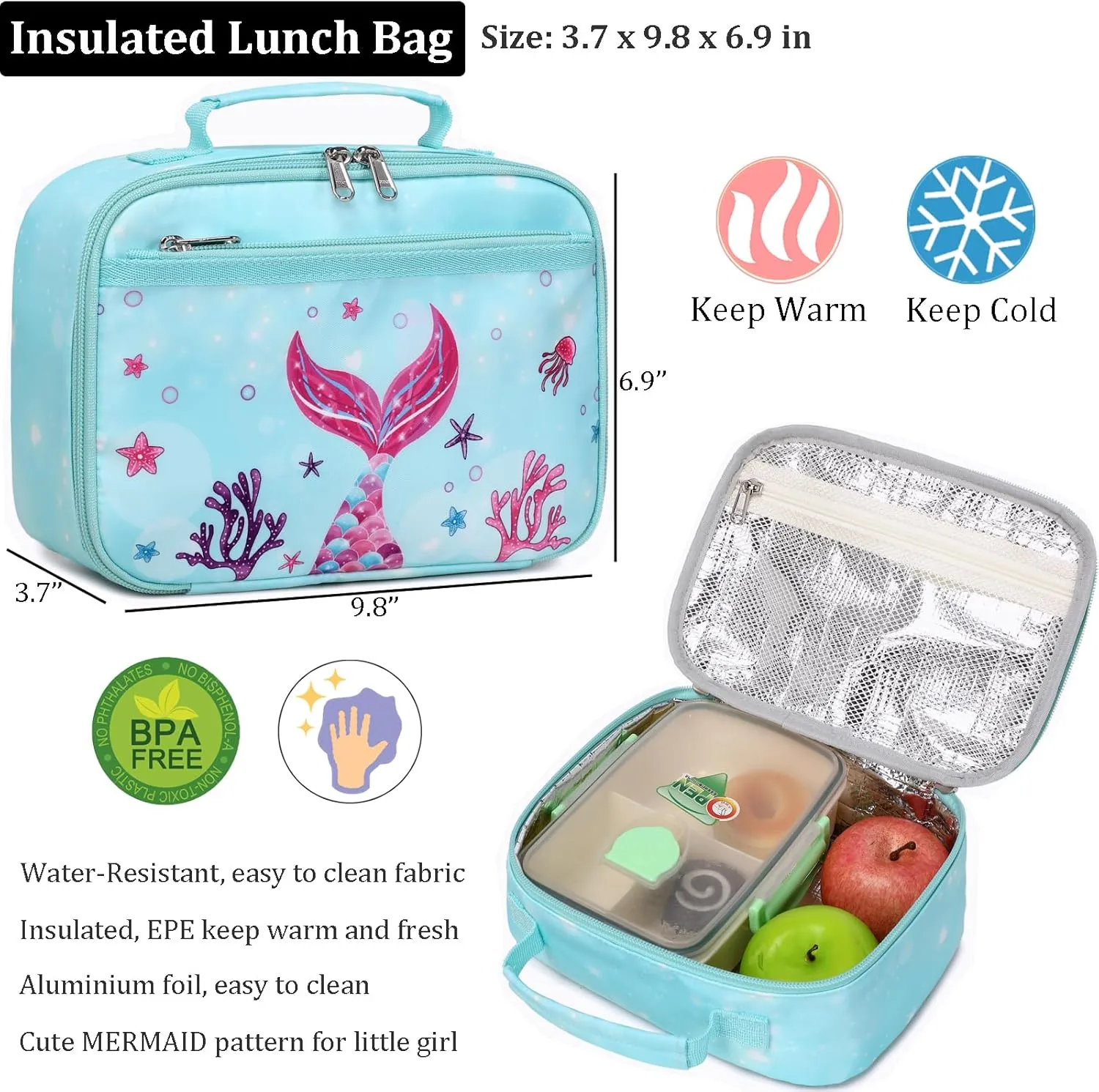 JIANYA School Backpack for Girls with Chest Strap, Preschool to Elementary, Mermaid Light Blue