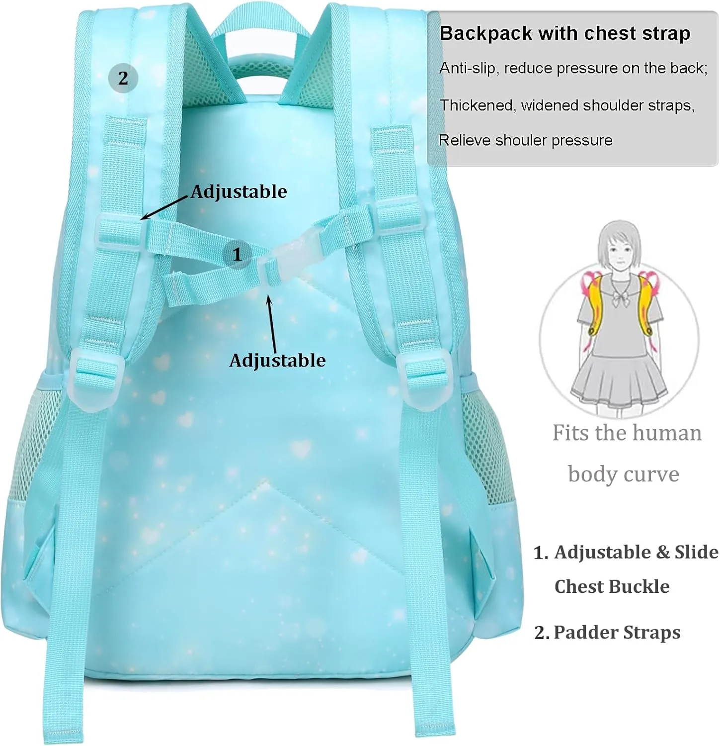 JIANYA School Backpack for Girls with Chest Strap, Preschool to Elementary, Mermaid Light Blue