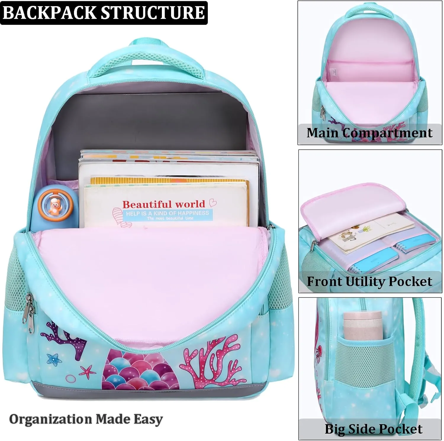 JIANYA School Backpack for Girls with Chest Strap, Preschool to Elementary, Mermaid Light Blue