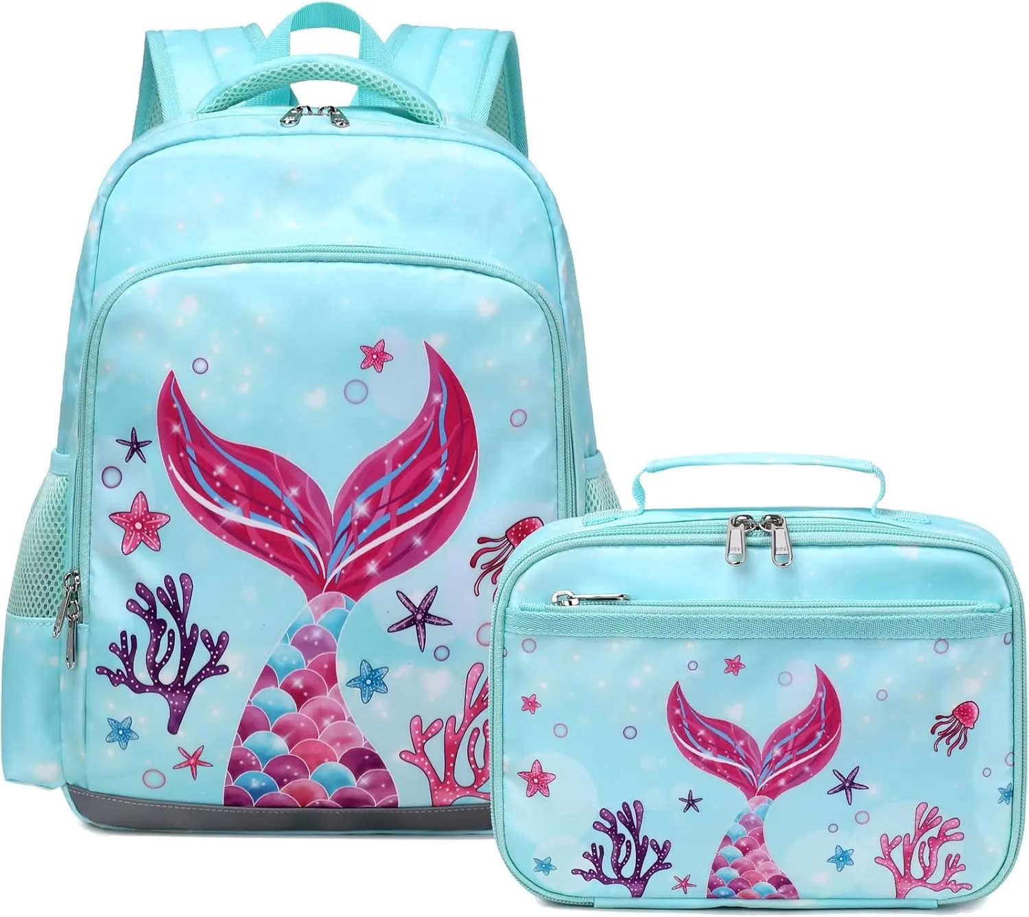 JIANYA School Backpack for Girls with Chest Strap, Preschool to Elementary, Mermaid Light Blue