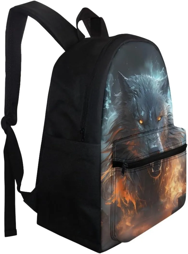 JooMeryer Mens Boys Ice Fire Fox Wolf Backpack Cool Animal Laptop Bookbags Shoulder Bags with Adjustable Shoulder Strap,Anger Wolf