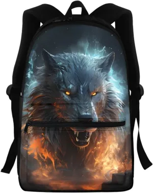 JooMeryer Mens Boys Ice Fire Fox Wolf Backpack Cool Animal Laptop Bookbags Shoulder Bags with Adjustable Shoulder Strap,Anger Wolf