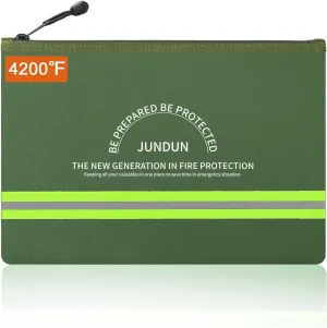 JUNDUN Fireproof Document Bag,14.2”x 10.0”Waterproof and Fireproof Money Bag with Aluminum Foil Lining,Fireproof Safe Storage Pouch with Zipper for Document and Cash,Green