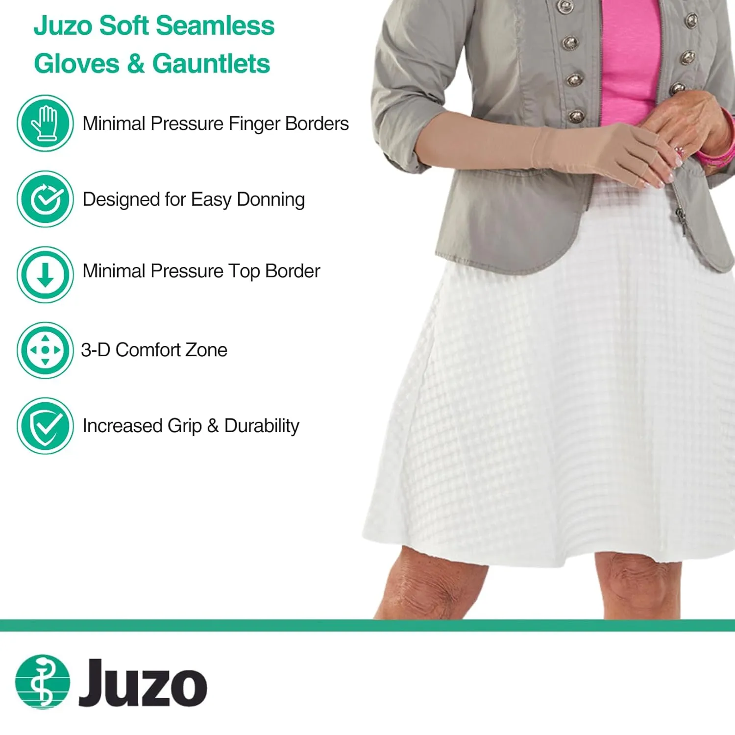 Juzo Soft Seamless Compression Gloves & Gauntlets, 20-30 mmHg, Gauntlet | Fingerless Gloves for Women & Men for Swelling and Moderate Edema & Lymphedema Management | Beige, Medium, Right