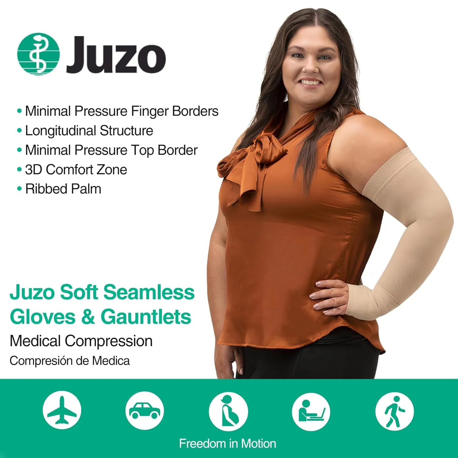 Juzo Soft Seamless Compression Gloves & Gauntlets, 20-30 mmHg, Gauntlet | Fingerless Gloves for Women & Men for Swelling and Moderate Edema & Lymphedema Management | Beige, Medium, Right