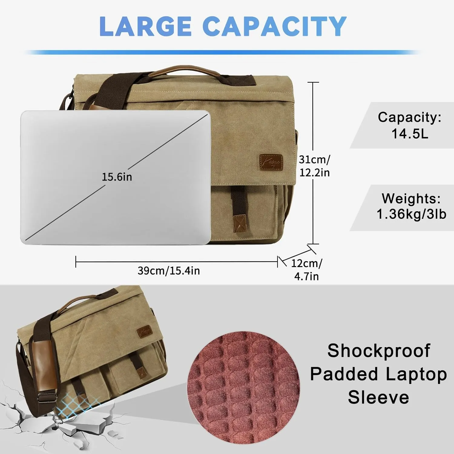 Kasqo Messenger Bag for Men, 14" 15.6" 17" Water Resistant Canvas Laptop Satchel Bag for School College Work