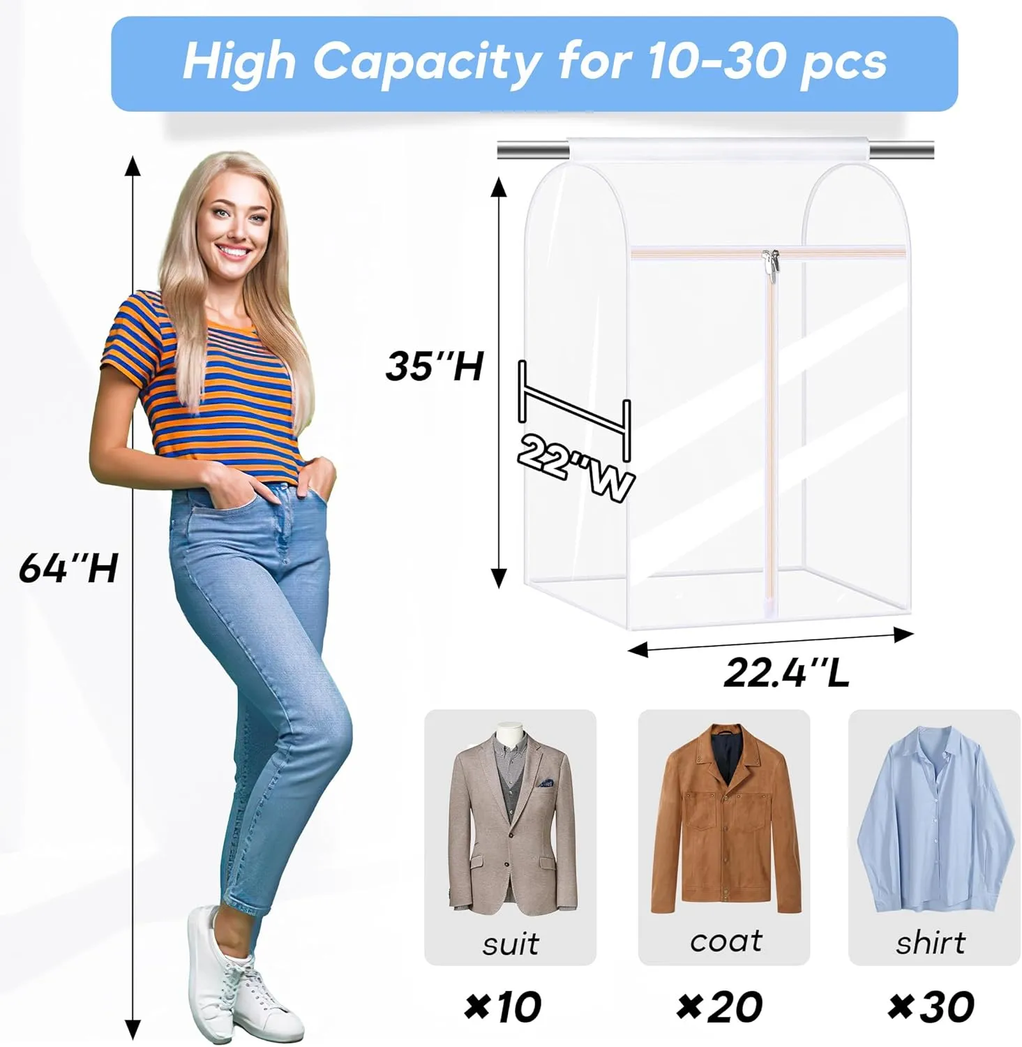 KEETDY 35" Hanging Garment Bags for Closet Storage Large Clear Garment Bags for Hanging Clothes Garment Rack Cover Coat Protector for Suit, Wardrobe, Bottom Enclosed