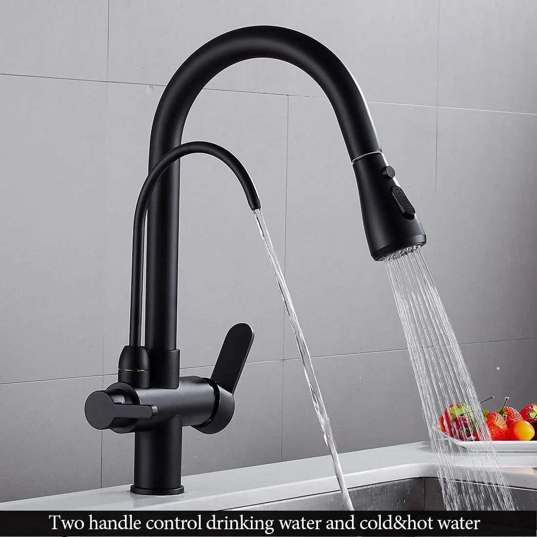 Kitchen Sink Faucet with Pull Down Sprayer 2 Handle 3 in 1 Water Filter Purifier Faucets Black 0195R
