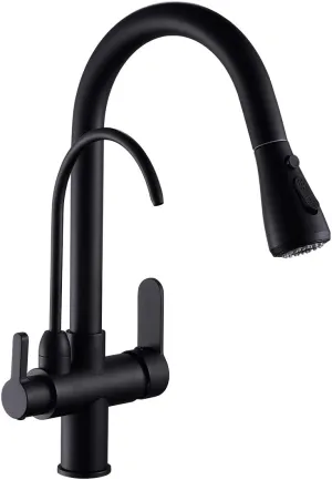 Kitchen Sink Faucet with Pull Down Sprayer 2 Handle 3 in 1 Water Filter Purifier Faucets Black 0195R