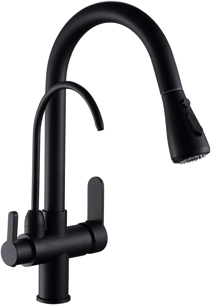 Kitchen Sink Faucet with Pull Down Sprayer 2 Handle 3 in 1 Water Filter Purifier Faucets Black 0195R
