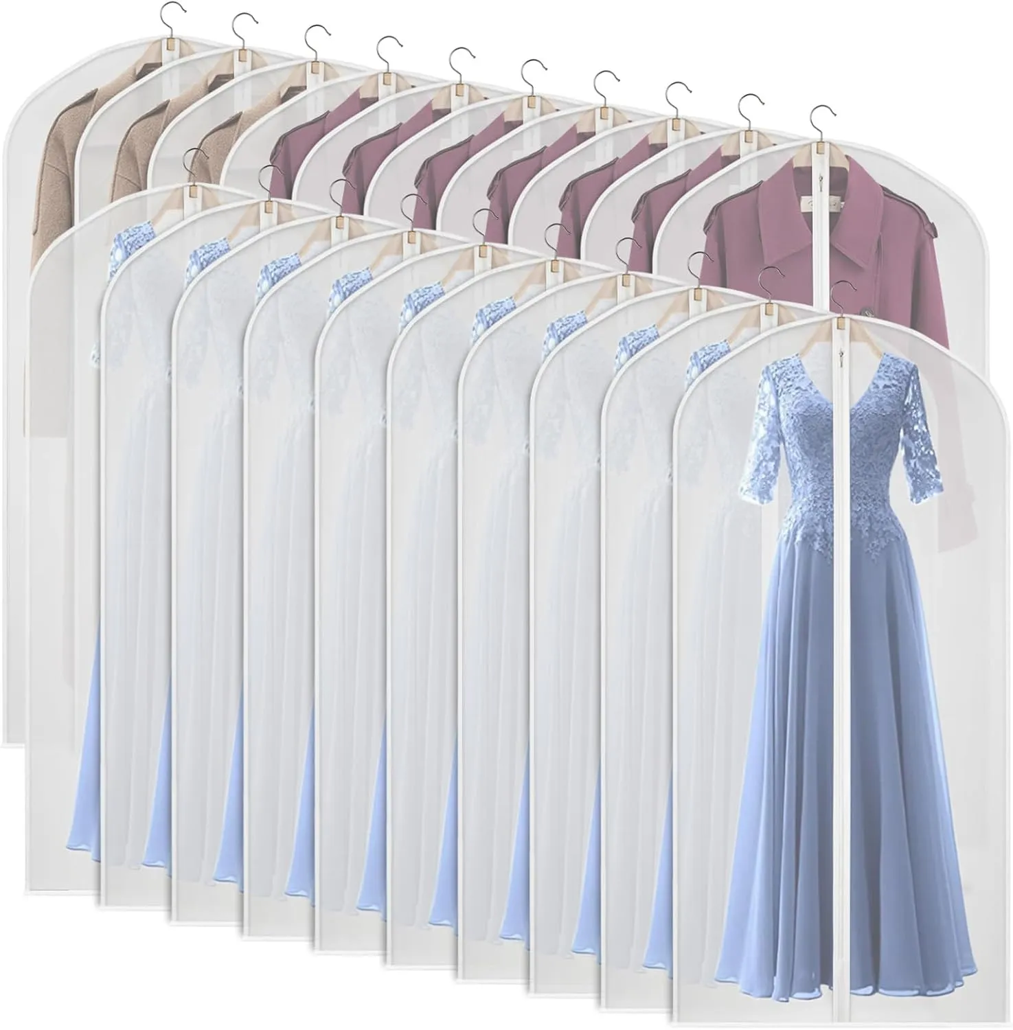 Kntiwiwo 60 inches Garment Bags for Closet Storage with Zipper Clear Garments Bag for Gowns Long, Dresses, Suit, Coat - Set of 20 [Upgraded Version]