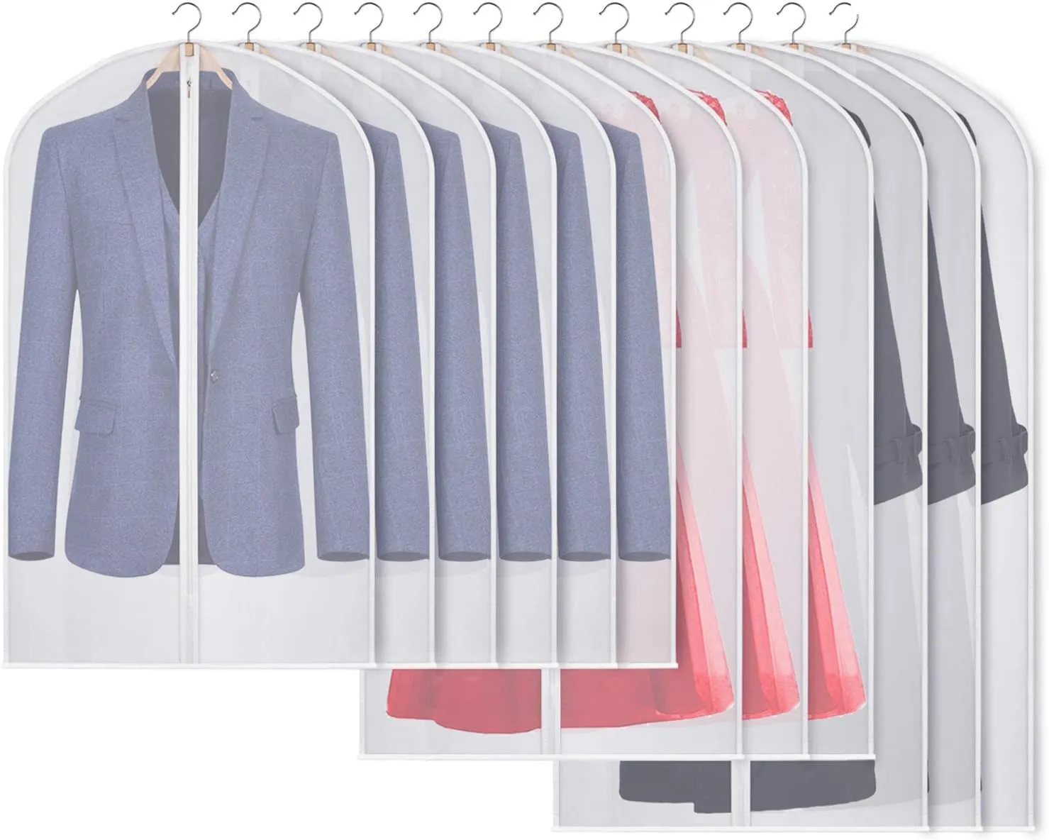 Kntiwiwo Clear Garment Bags Suit Bag for Closet Storage Set of 12 Hanging Dress Cover Bag with Zipper for Suit, Coat, Long Dresses Clothes Storage-24” x 40”/50”/60”