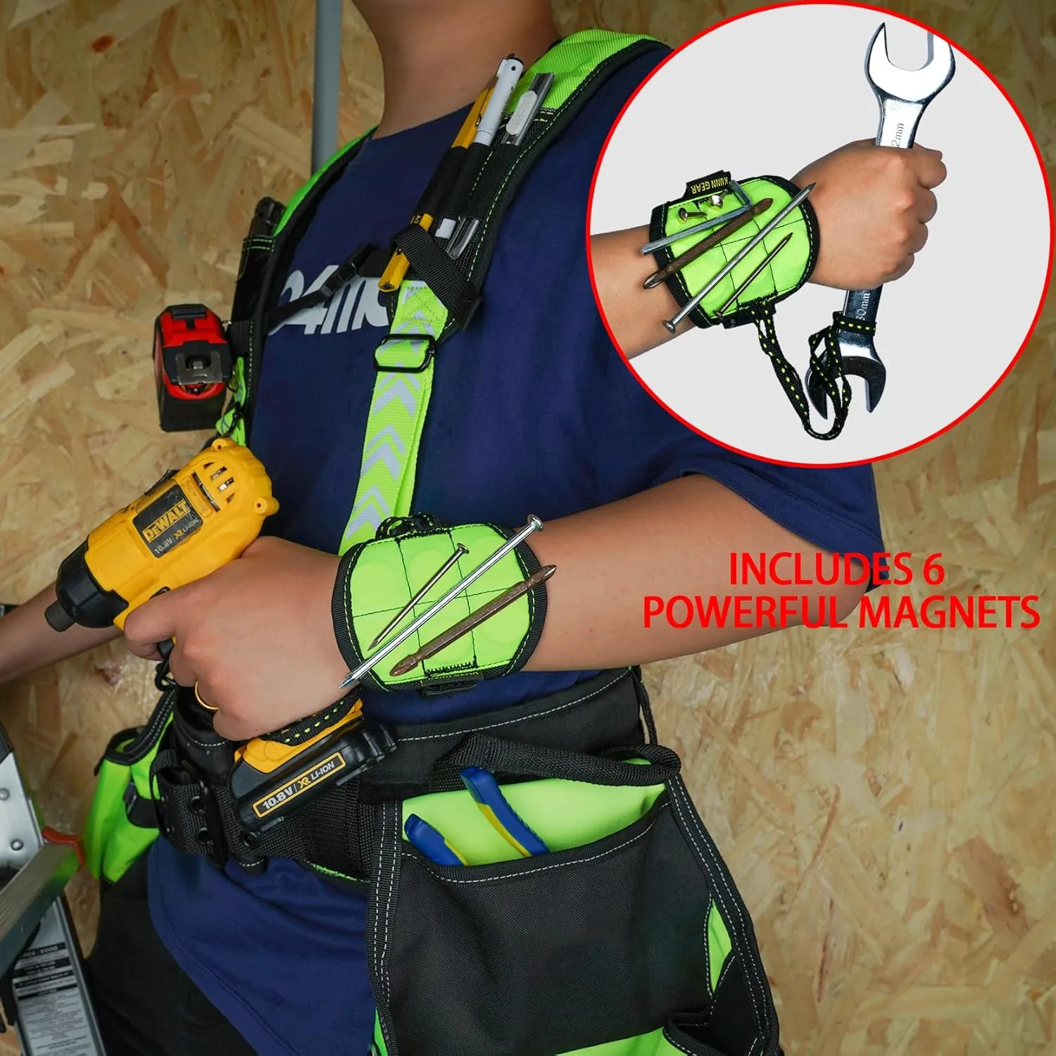KUNN Magnetic Tool Belt Suspenders,Reflective Safety Work Suspender,Men's Tool Bag Harness with 4Pcs Loops for Construction/Carpenter/Electrician