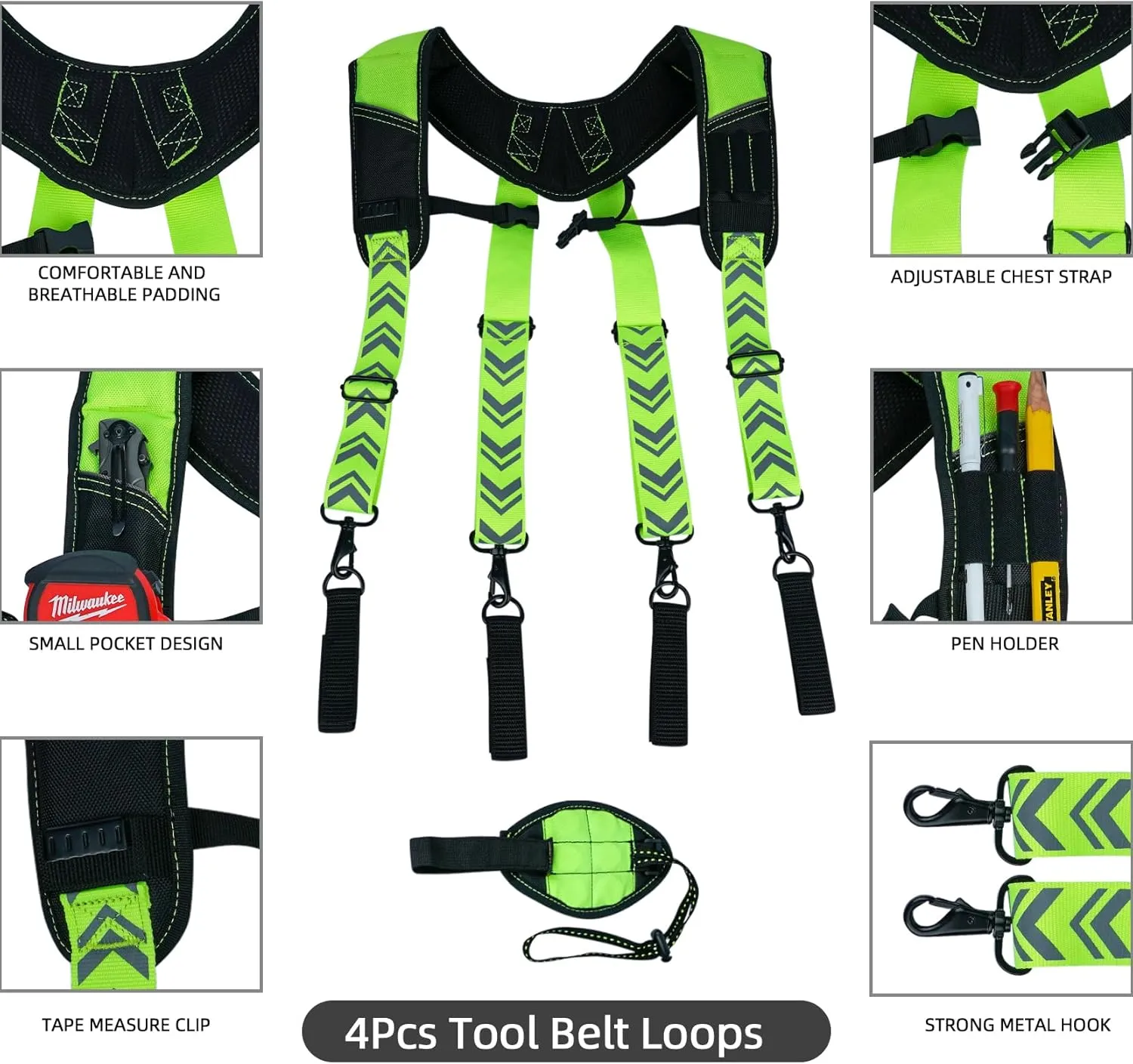 KUNN Magnetic Tool Belt Suspenders,Reflective Safety Work Suspender,Men's Tool Bag Harness with 4Pcs Loops for Construction/Carpenter/Electrician