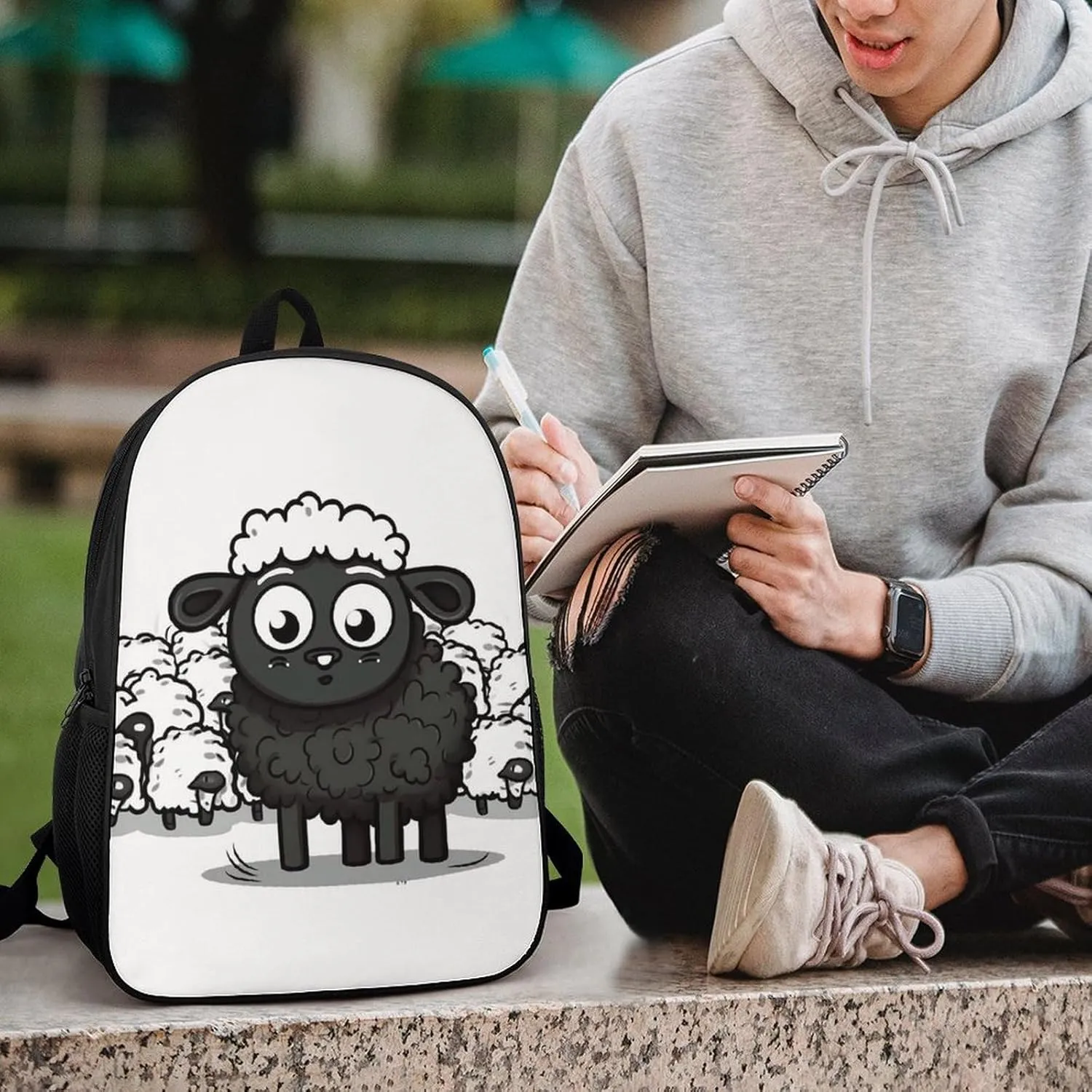 Laptop Backpack for Men 17 Inch Cartoon Black White Sheep Work Casual Backpack Lightweight Travel Shoulder Bag