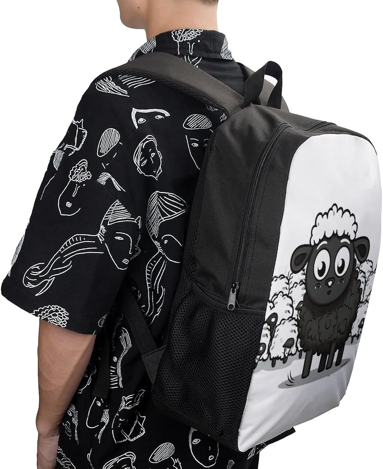 Laptop Backpack for Men 17 Inch Cartoon Black White Sheep Work Casual Backpack Lightweight Travel Shoulder Bag