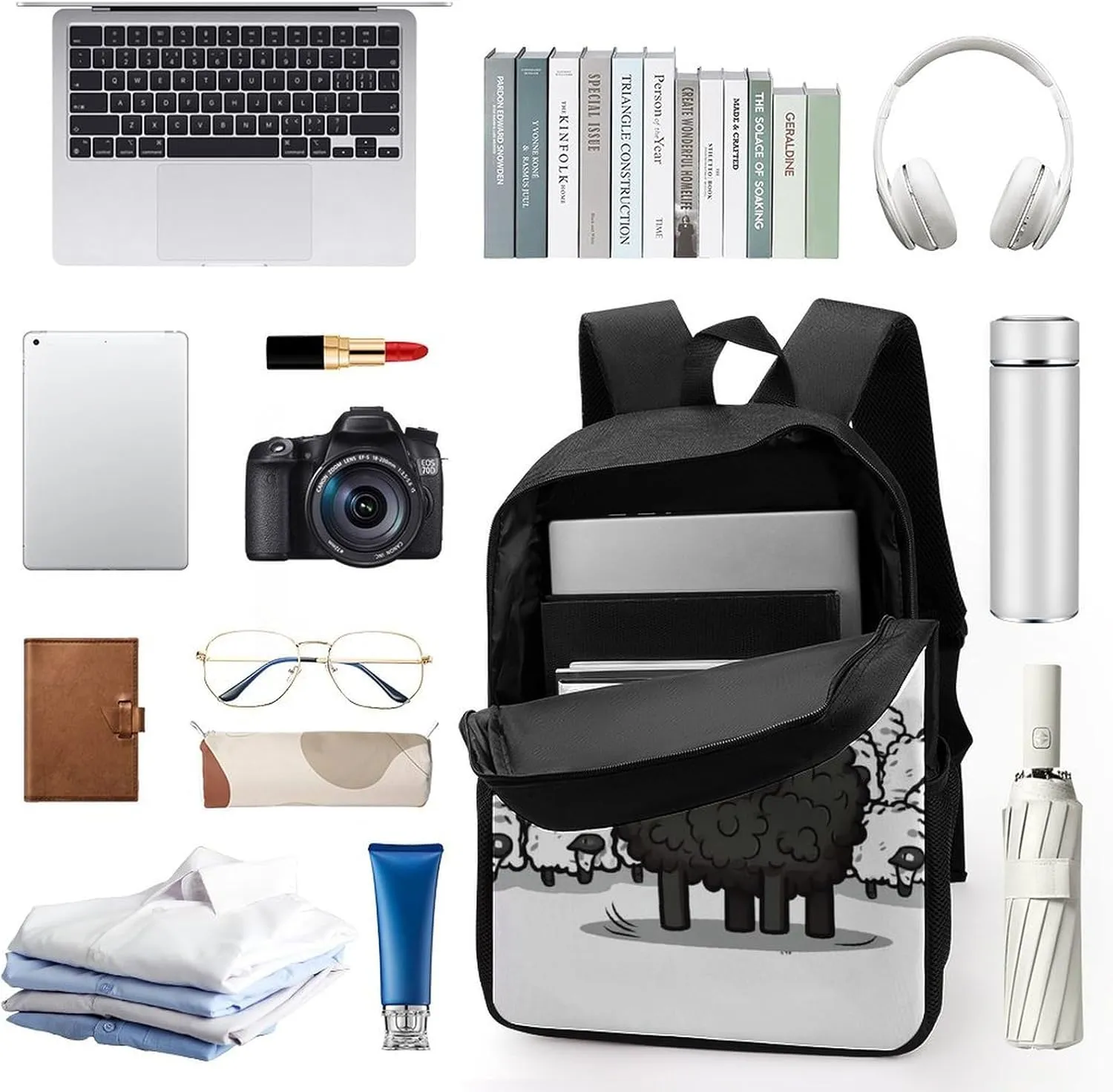 Laptop Backpack for Men 17 Inch Cartoon Black White Sheep Work Casual Backpack Lightweight Travel Shoulder Bag