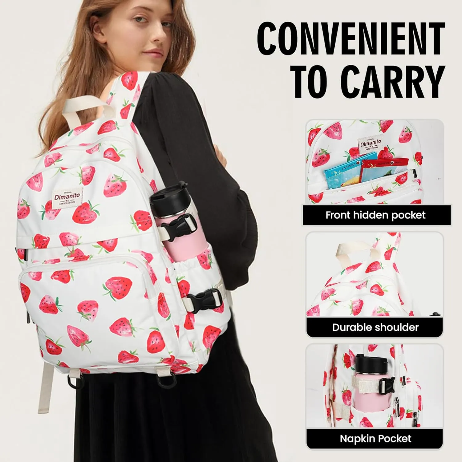 Laptop Backpack with USB charging port for laptop up to 15 inch Men Women College Outdoor Travel Backpack (Strawberry)
