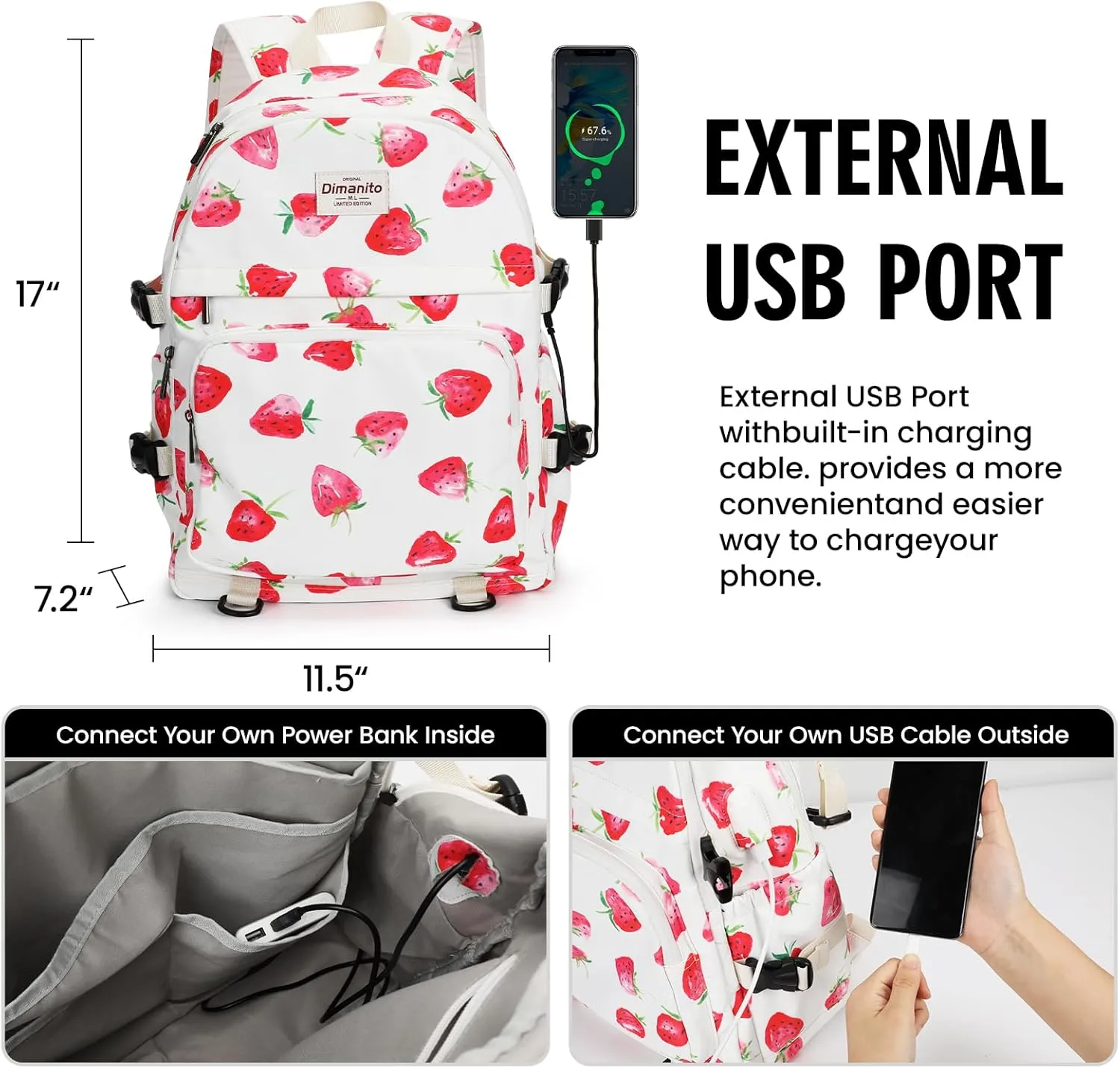 Laptop Backpack with USB charging port for laptop up to 15 inch Men Women College Outdoor Travel Backpack (Strawberry)