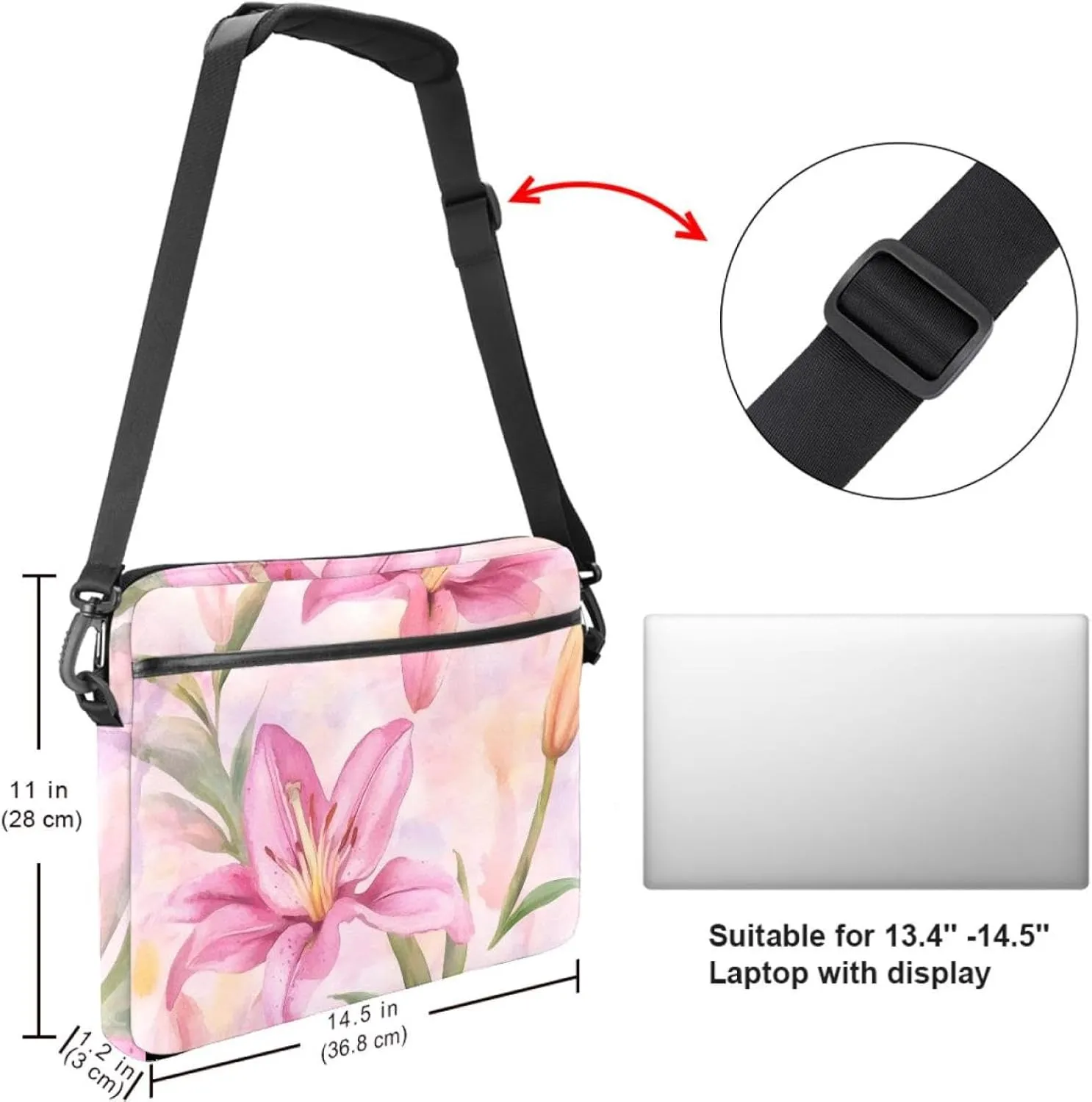 Laptop Shoulder Bag Watercolor Leaves Twigs Pattern Padded Computer Briefcase for Adults, 13.4-14.5 Inch