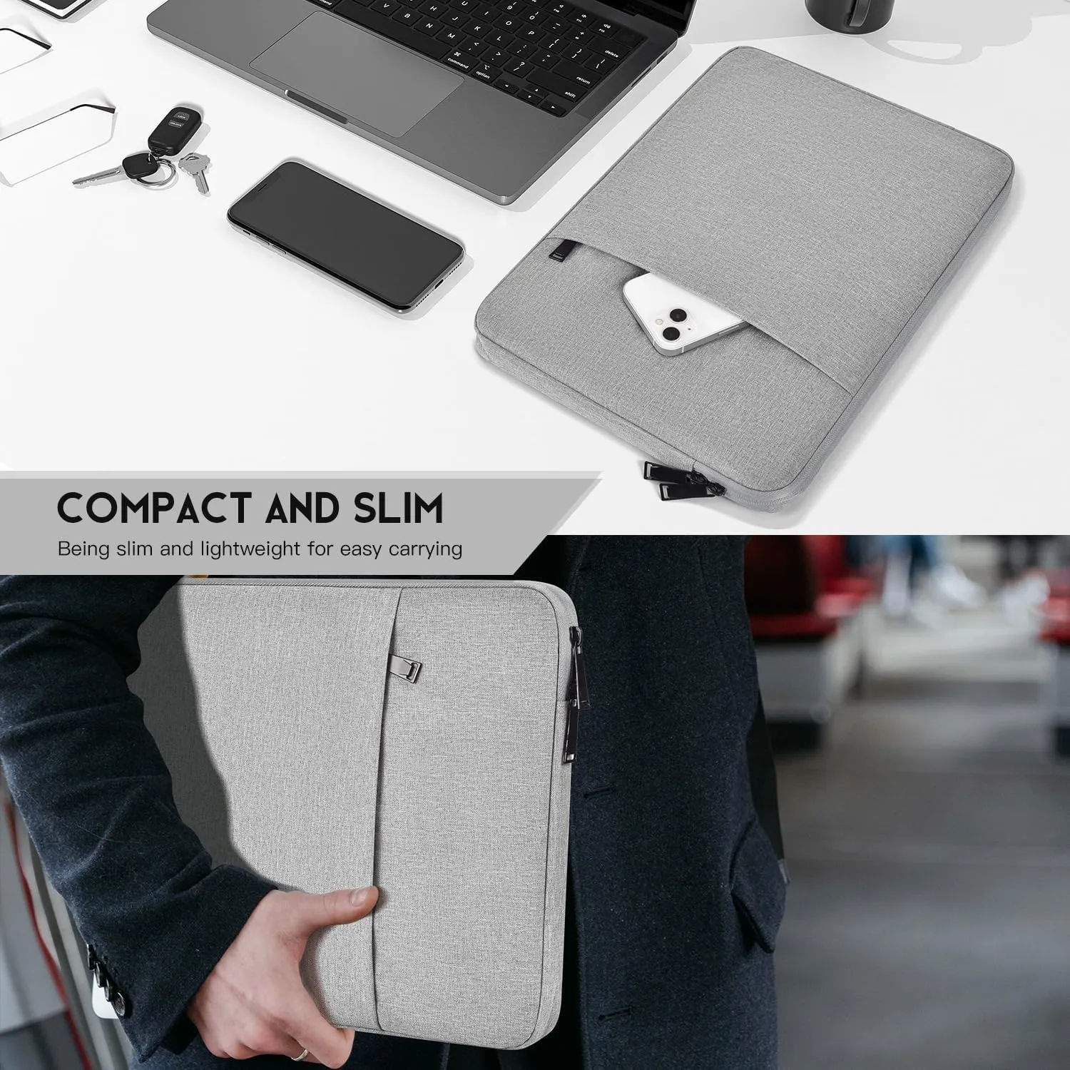 Laptop Sleeve Case 15.6 16 inch, Shockproof Protective Computer Carrying Cover with Accessory Pocket, Water-Resistant Travel Laptop Bag for HP, Dell, Lenovo, Acer, ASUS, Chromebook -Grey