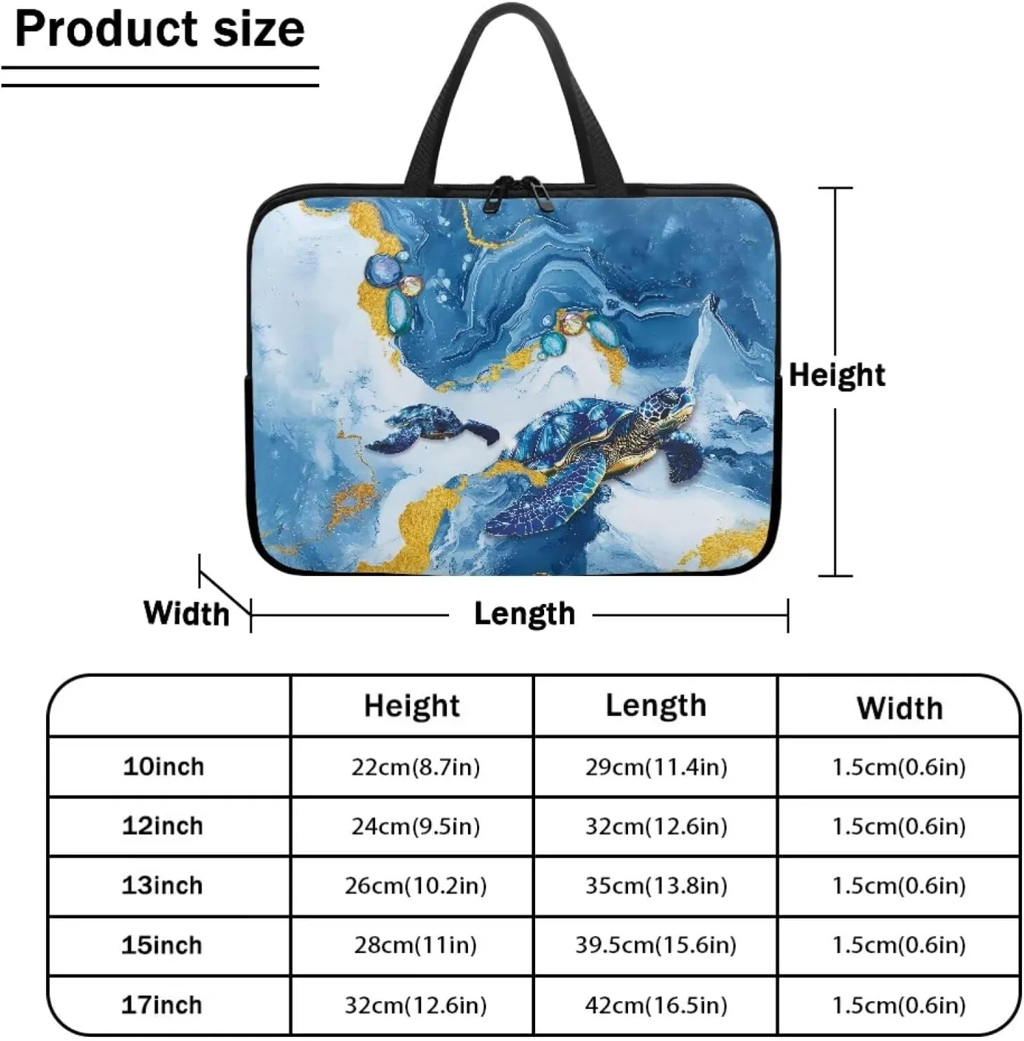 Laptop Sleeve Case with Handle Blue Marble Texture Turtle Print Computer Cover Compatible with 10-17 Inch Tablet 360° Protective Carrying Bag Briefcase for Women Men, 15inch