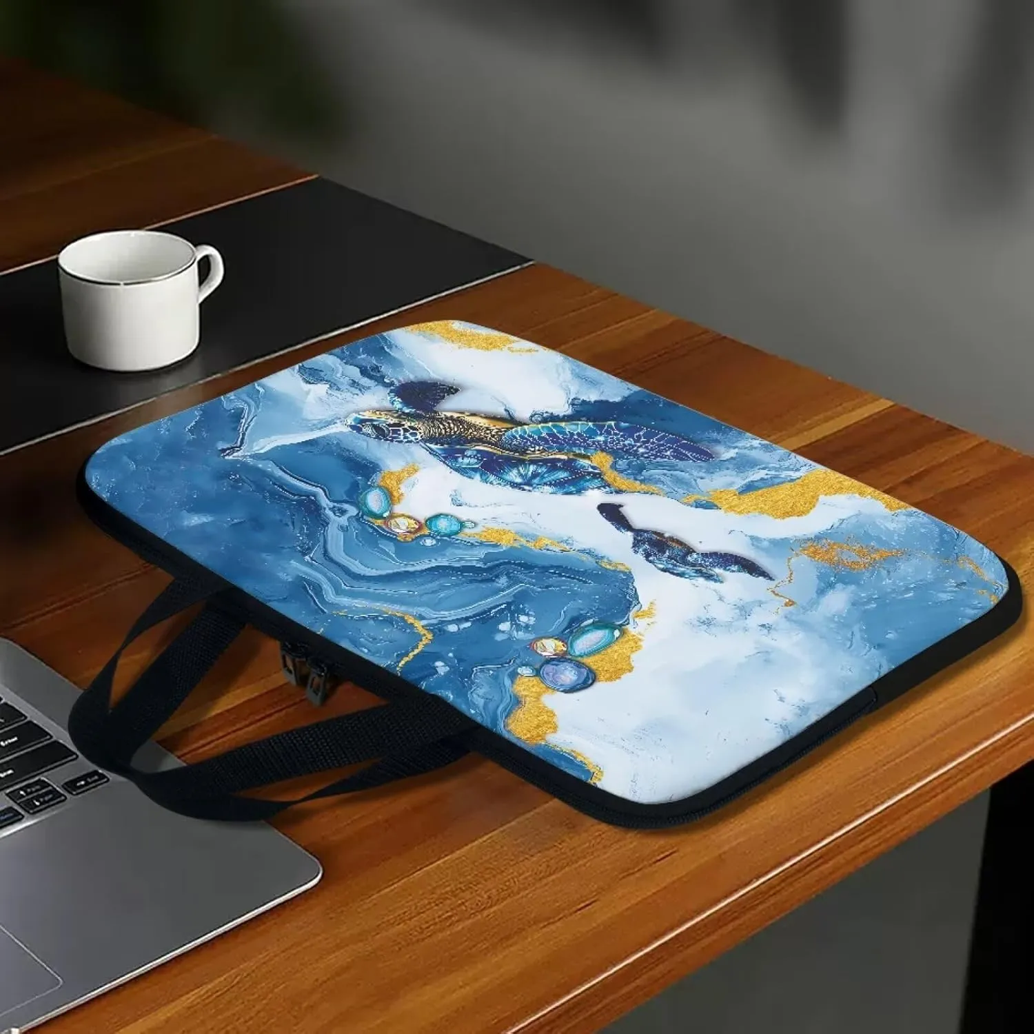 Laptop Sleeve Case with Handle Blue Marble Texture Turtle Print Computer Cover Compatible with 10-17 Inch Tablet 360° Protective Carrying Bag Briefcase for Women Men, 15inch