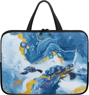 Laptop Sleeve Case with Handle Blue Marble Texture Turtle Print Computer Cover Compatible with 10-17 Inch Tablet 360° Protective Carrying Bag Briefcase for Women Men, 15inch