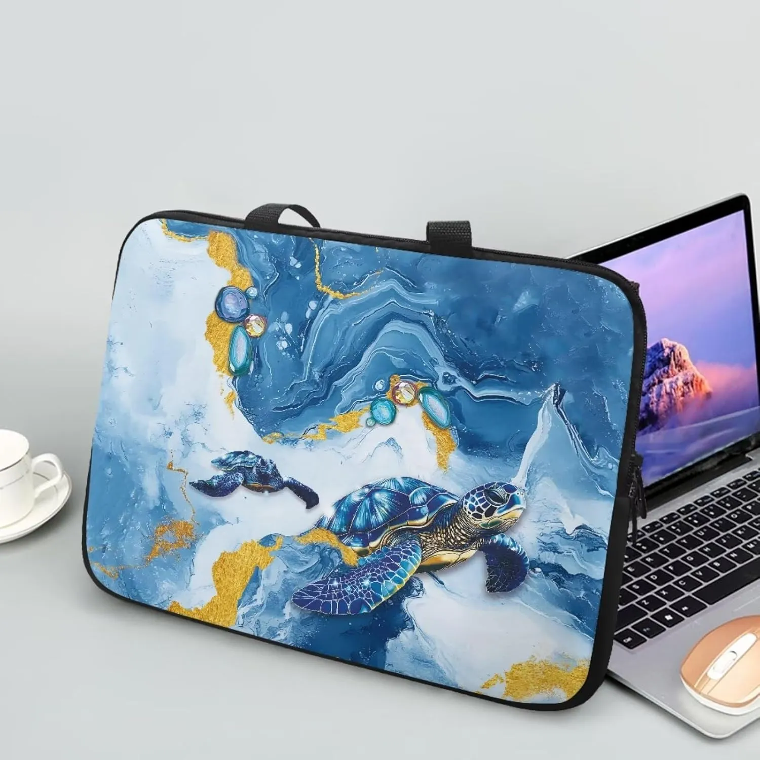 Laptop Sleeve Case with Handle Blue Marble Texture Turtle Print Computer Cover Compatible with 10-17 Inch Tablet 360° Protective Carrying Bag Briefcase for Women Men, 15inch