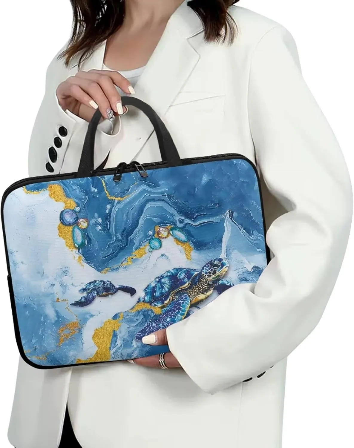 Laptop Sleeve Case with Handle Blue Marble Texture Turtle Print Computer Cover Compatible with 10-17 Inch Tablet 360° Protective Carrying Bag Briefcase for Women Men, 15inch
