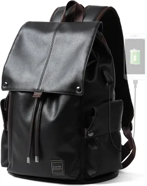 Laptop Travel Backpack For Men Vintage PU Leather Water-Resistant College School Casual 15.6" Laptop Work Backpack Gift For Male Female Black