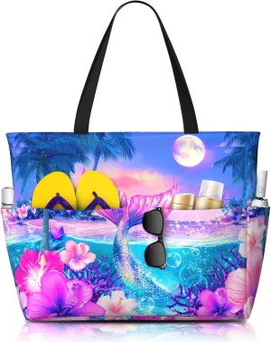 Large Beach Bag with 8 Pockets - Water-Resistant Tote for Women, Lightweight Foldable Travel Tote Bag for Pool