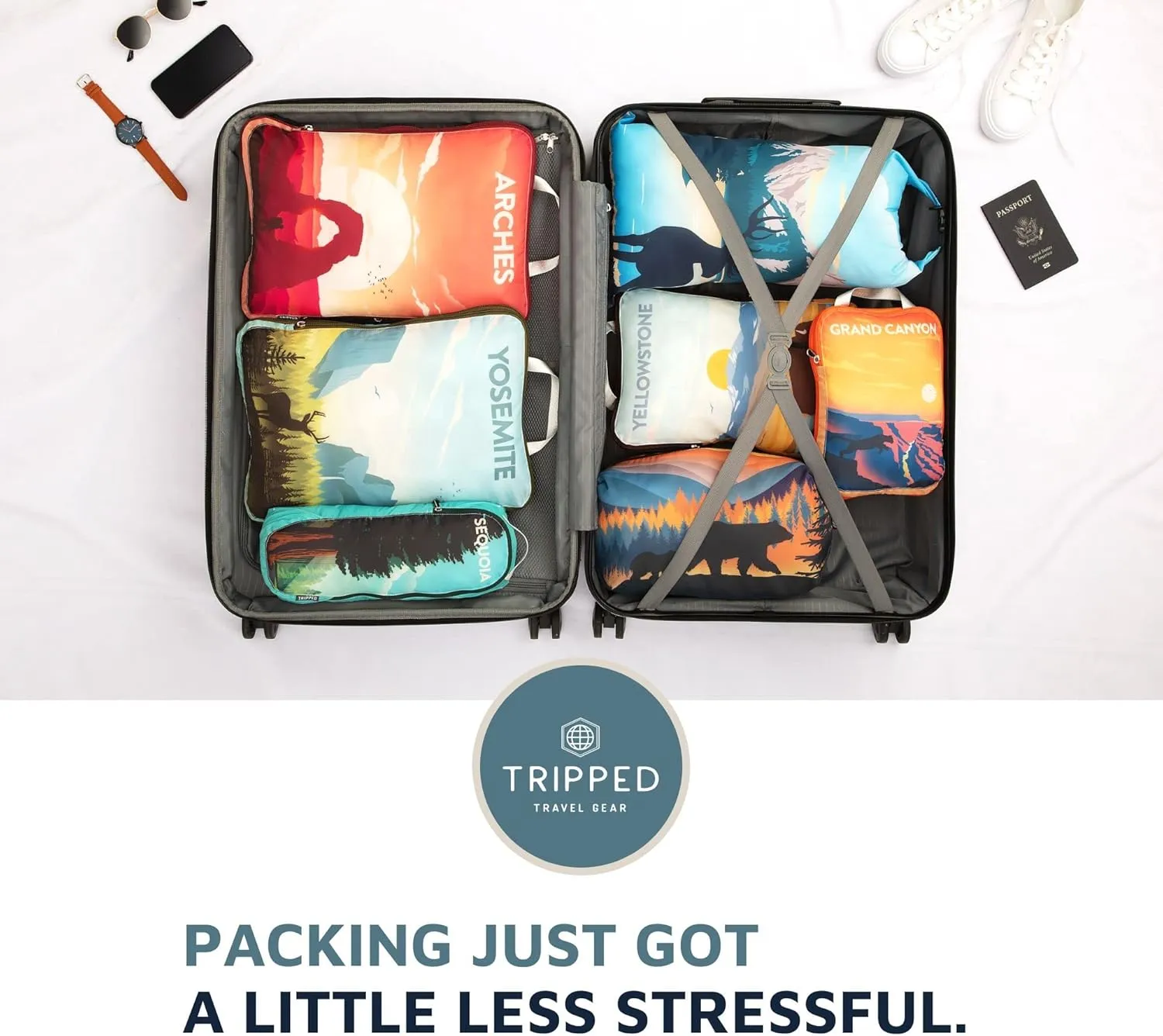 Large Compression Packing Cubes for Travel-Packing Cube Luggage Organizers 7 Piece Set for Checked Luggage-Ultralight, Expandable/Compression Bags by TRIPPED Travel Gear (National Parks)