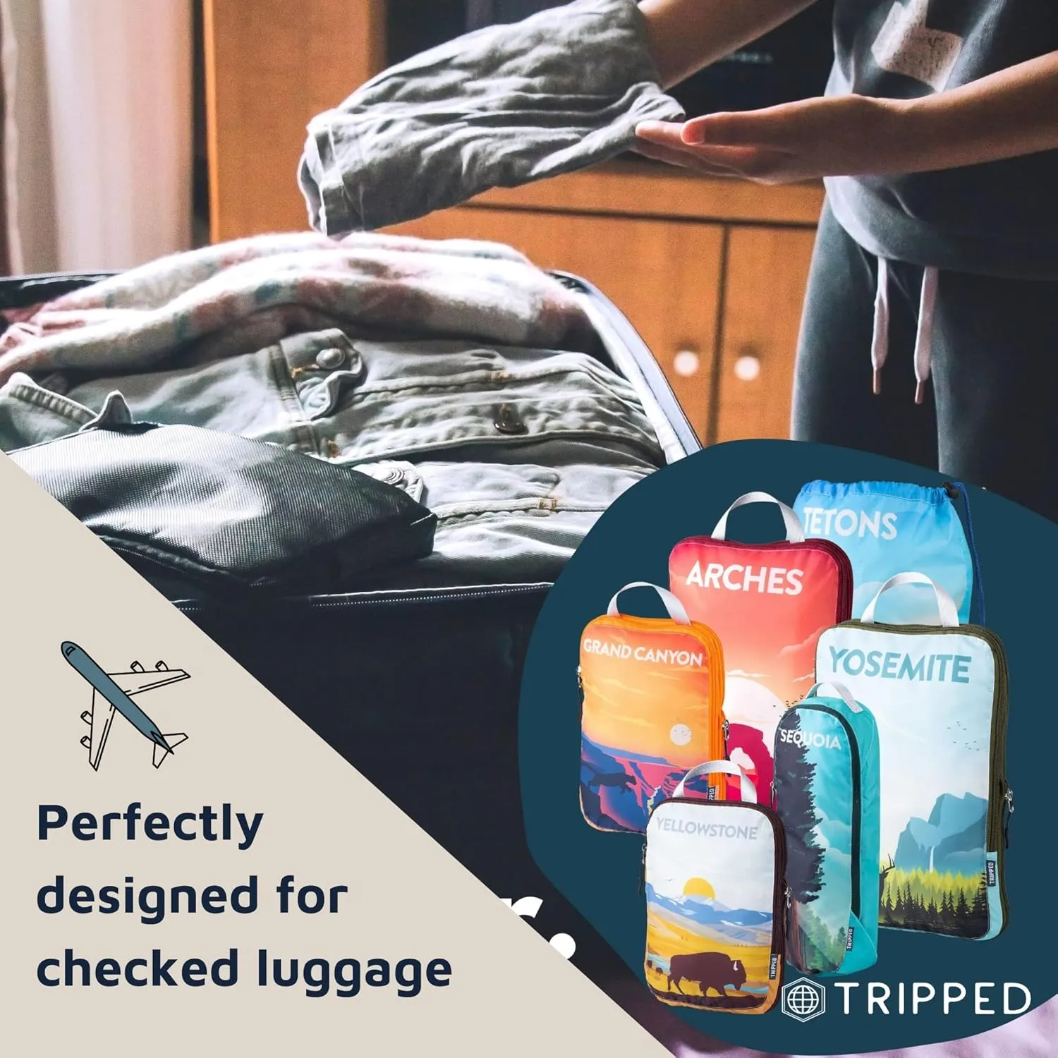 Large Compression Packing Cubes for Travel-Packing Cube Luggage Organizers 7 Piece Set for Checked Luggage-Ultralight, Expandable/Compression Bags by TRIPPED Travel Gear (National Parks)