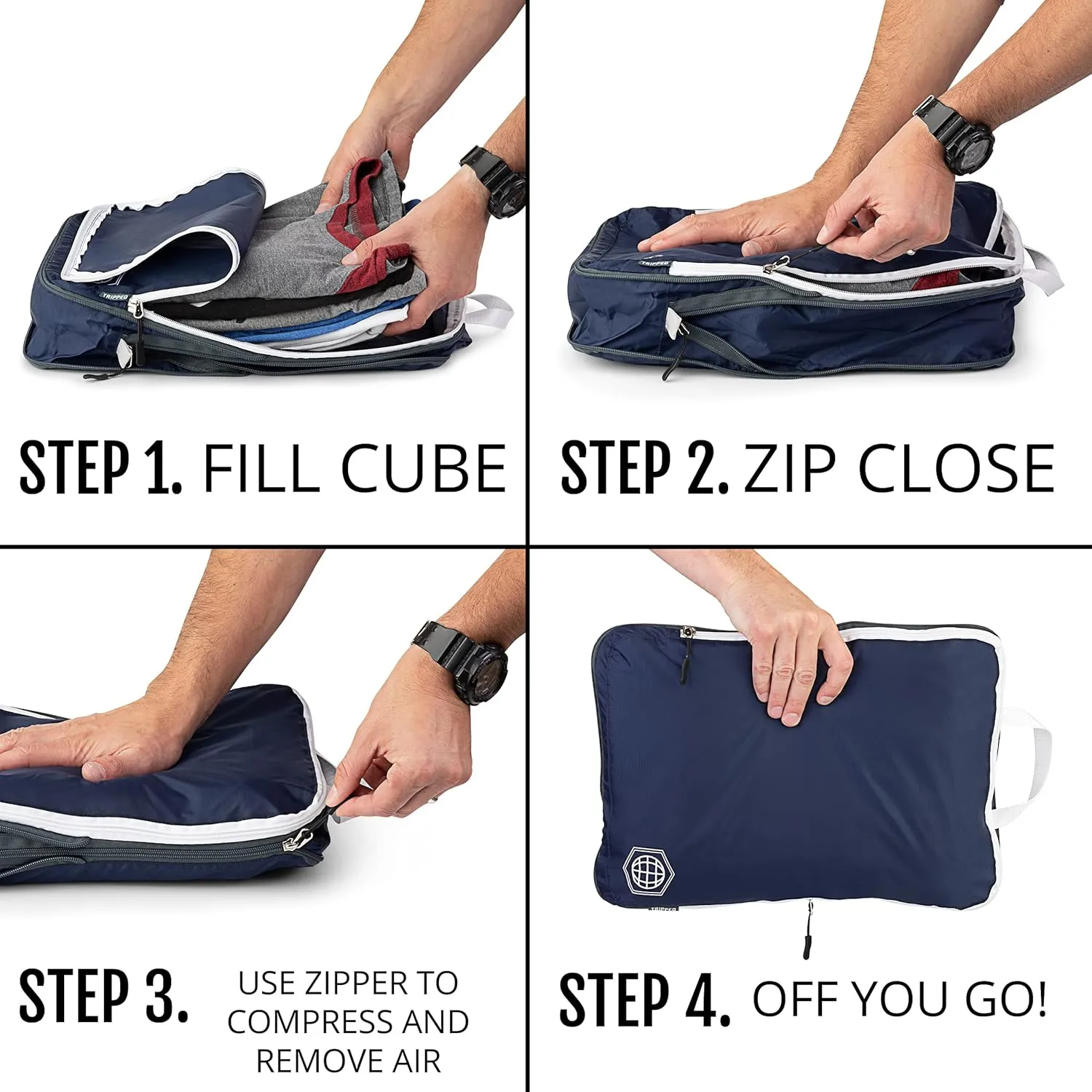 Large Compression Packing Cubes for Travel-Packing Cube Luggage Organizers 7 Piece Set for Checked Luggage-Ultralight, Expandable/Compression Bags by TRIPPED Travel Gear (Navy/White)