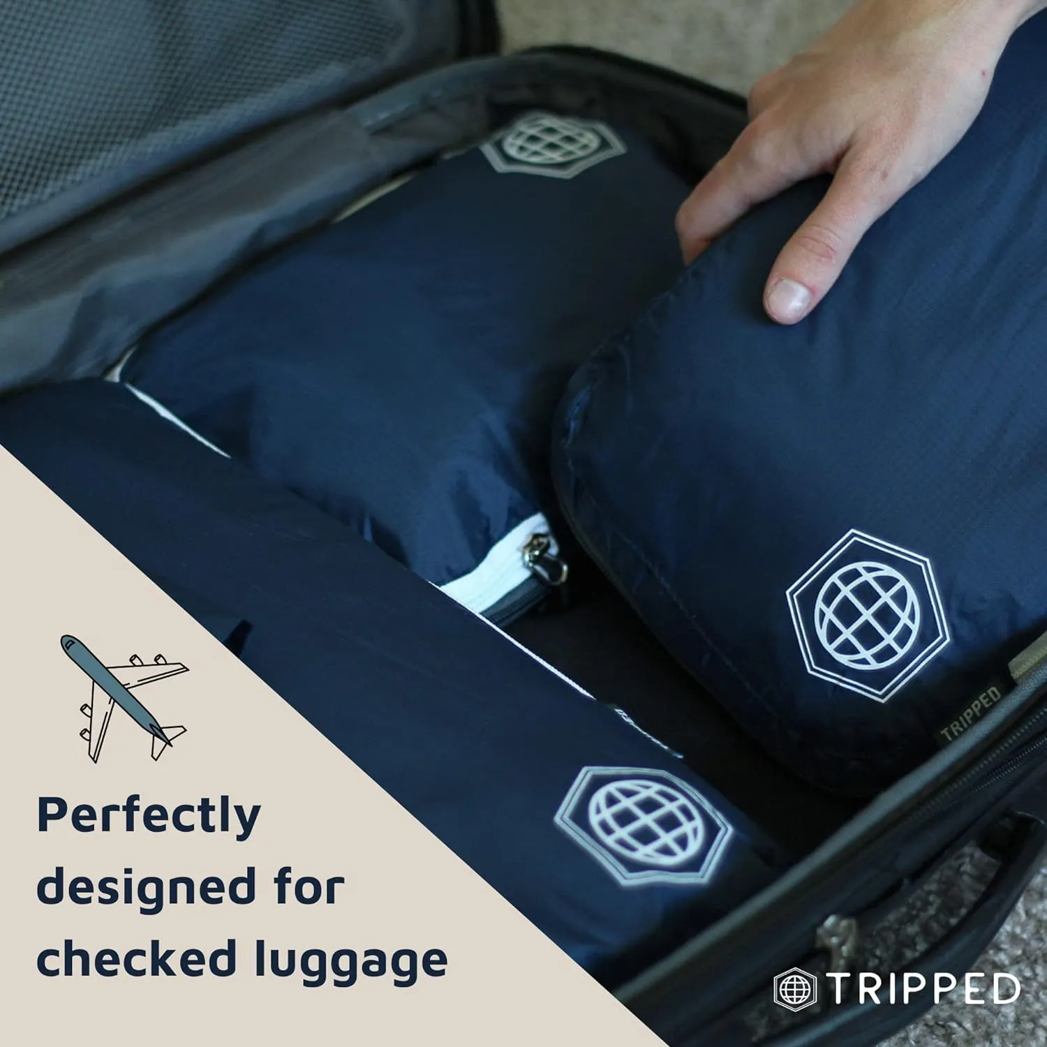 Large Compression Packing Cubes for Travel-Packing Cube Luggage Organizers 7 Piece Set for Checked Luggage-Ultralight, Expandable/Compression Bags by TRIPPED Travel Gear (Navy/White)