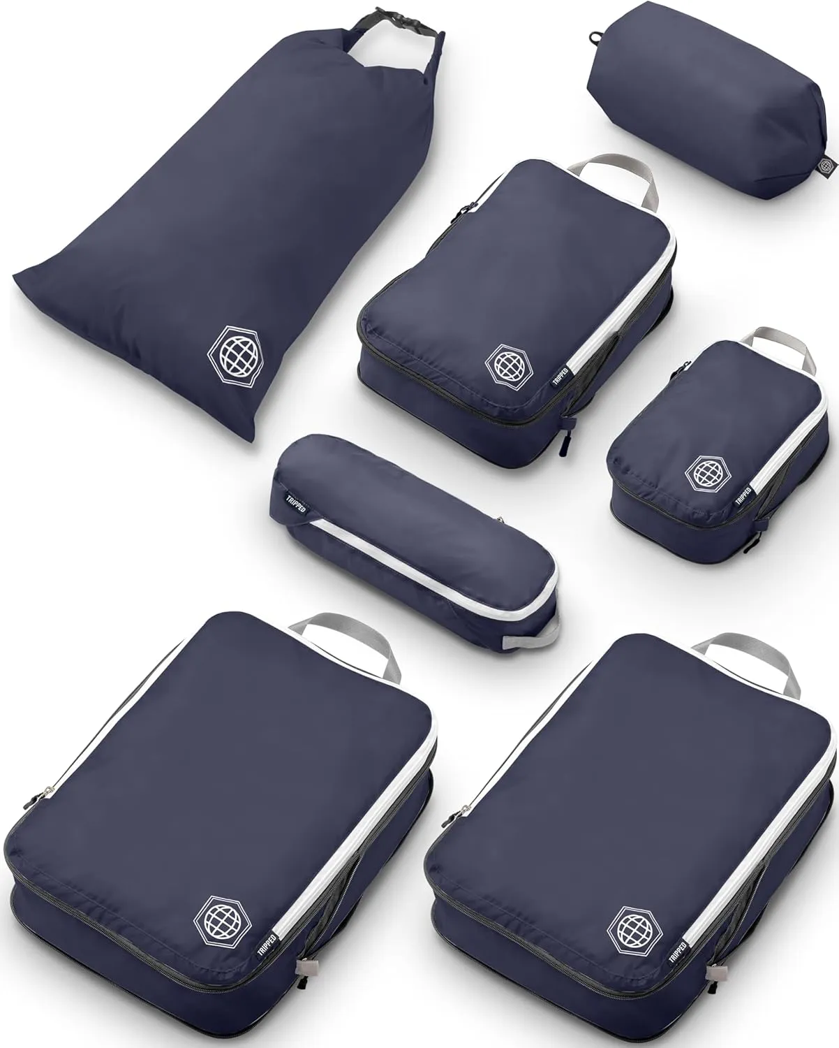 Large Compression Packing Cubes for Travel-Packing Cube Luggage Organizers 7 Piece Set for Checked Luggage-Ultralight, Expandable/Compression Bags by TRIPPED Travel Gear (Navy/White)