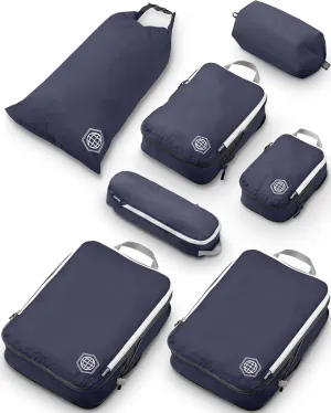 Large Compression Packing Cubes for Travel-Packing Cube Luggage Organizers 7 Piece Set for Checked Luggage-Ultralight, Expandable/Compression Bags by TRIPPED Travel Gear (Navy/White)