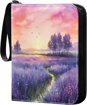 Lavender Painting Card Binder with 50 Removable Page Sleeves PU Leather Collectible Trading Card Albums Book with Zipper for Games Card,Baseball Cards