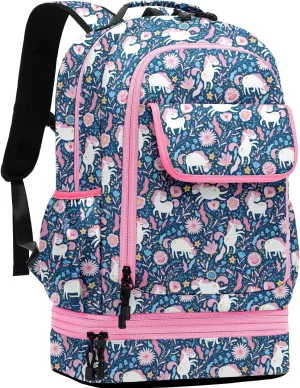 Leaper Cute Unicorn Laptop Backpack Water-resistant Double Deck Insulated Lunch Bag Satchel Dark Blue