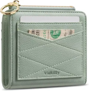 Leather Wallet for Woman RFID Blocking Bifold Small Compact Wallets Zipper Pocket Purse Large Capacity Card Hold Case with ID Window Green