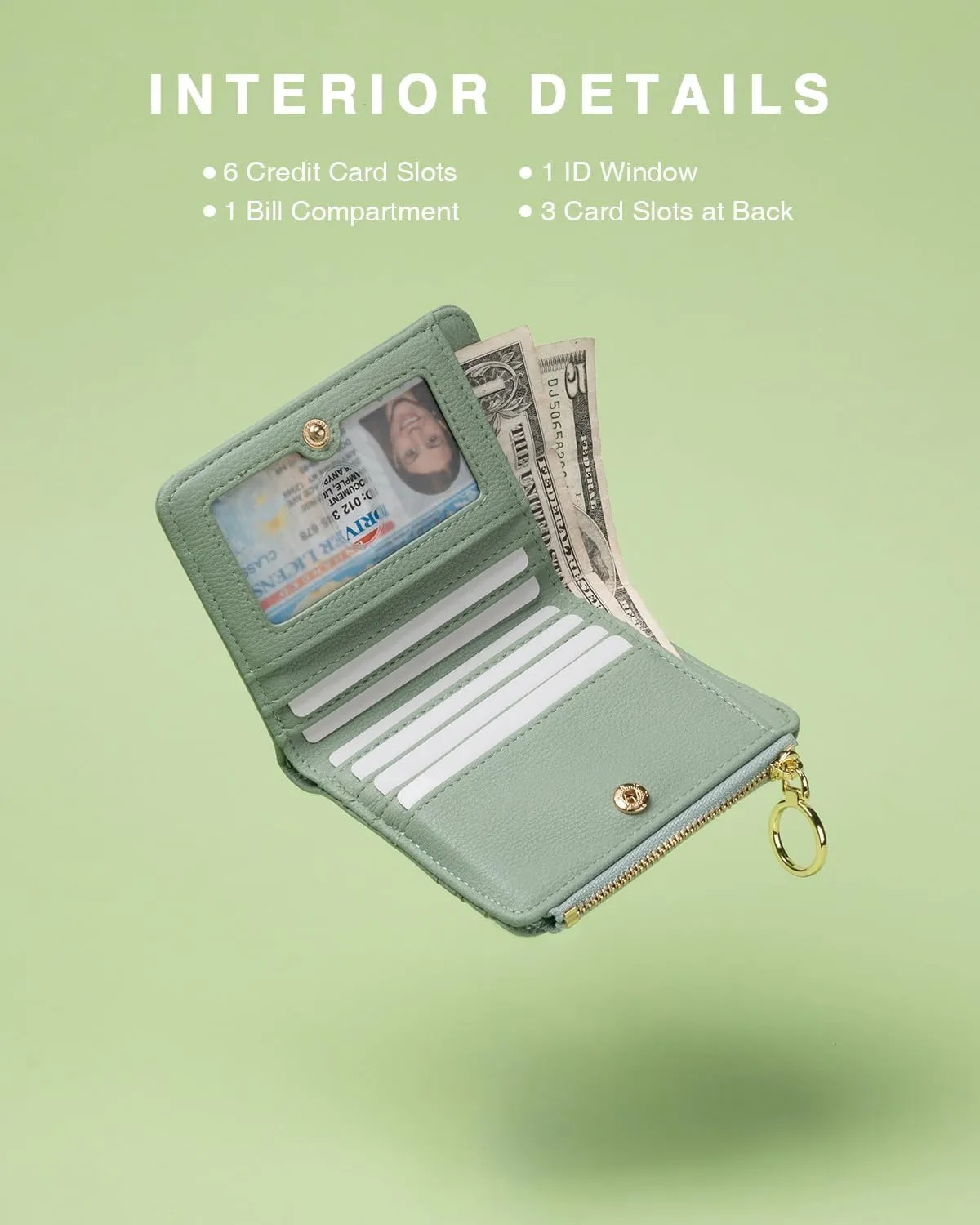 Leather Wallet for Woman RFID Blocking Bifold Small Compact Wallets Zipper Pocket Purse Large Capacity Card Hold Case with ID Window Green