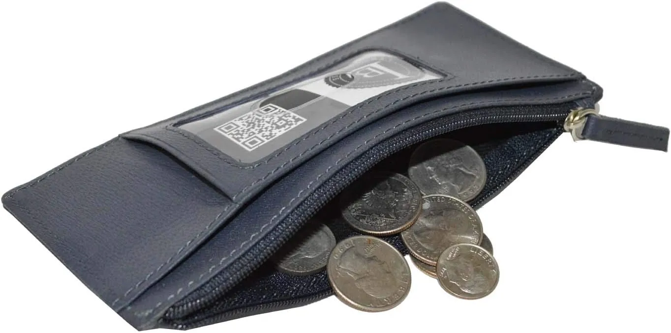 Leatherboss Genuine Leather Women's All in One Credit Business Card Case Holder Slim Zipper Wallet With a Card Protection Strap, Blue