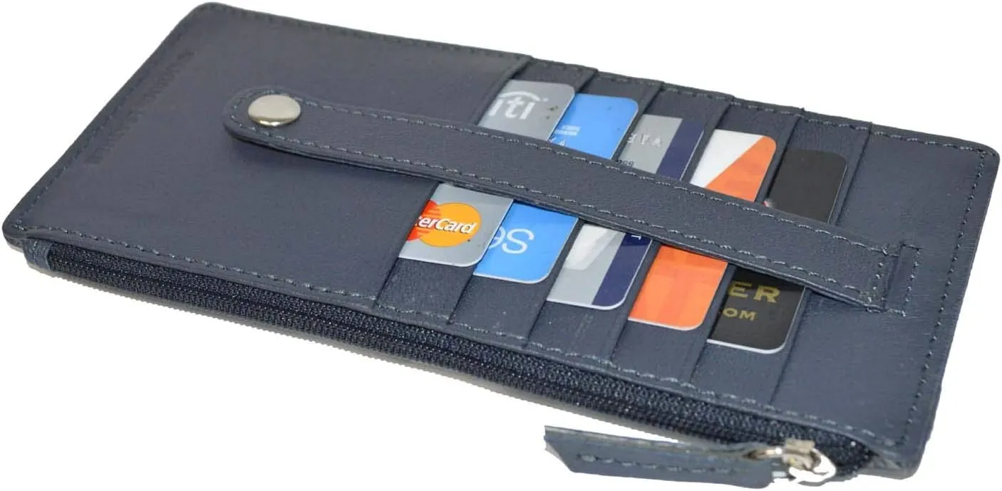 Leatherboss Genuine Leather Women's All in One Credit Business Card Case Holder Slim Zipper Wallet With a Card Protection Strap, Blue