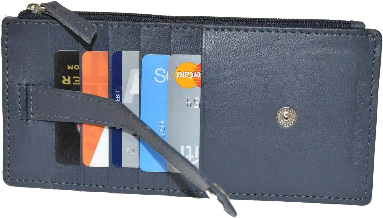 Leatherboss Genuine Leather Women's All in One Credit Business Card Case Holder Slim Zipper Wallet With a Card Protection Strap, Blue