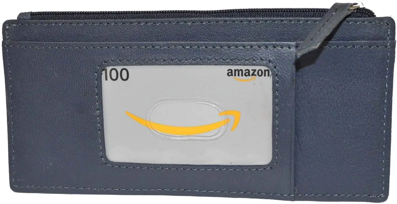 Leatherboss Genuine Leather Women's All in One Credit Business Card Case Holder Slim Zipper Wallet With a Card Protection Strap, Blue